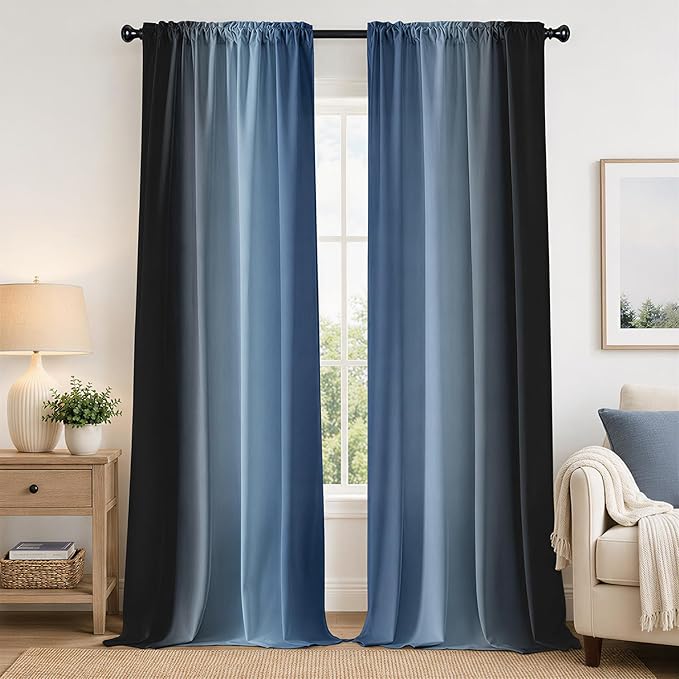 Navy Blue and Black Curtains for Living Room 84 Inch Length Ombre Curtains 2 Panel Bedroom Black and Blue Curtains Rod Pocket Light Filtering Window Curtain Modern Gradient Drapes