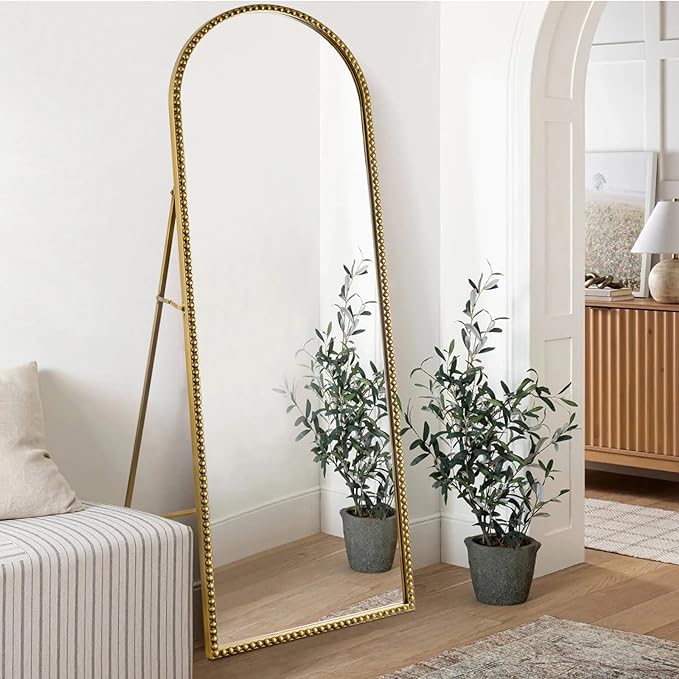 Arch Full Length Mirror with Stand, 65"x22" Floor Standing Large Dressing Mirror Hanging or Leaning Against Wall for Bedroom Living Room, Antique Gold