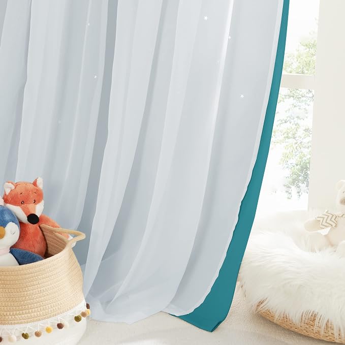 NICETOWN Star Blackout Curtains for Kids Bedroom, Grommet Top Curtains for Nursery Living Room Double Layer Star Cut Out Bedroom Curtains Decor, Set of 2 Panels, 52 x 84 inches, Peacock Teal