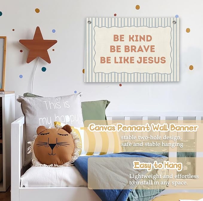 RTXLEZM Christian Nursery Decor,Be Kind Brave Be Like Jesus Banner | Inspirational Bible Verse Wall Hanging Decor for Toddler Boys Room Classroom Bedroom Playroom 20x30 Inch