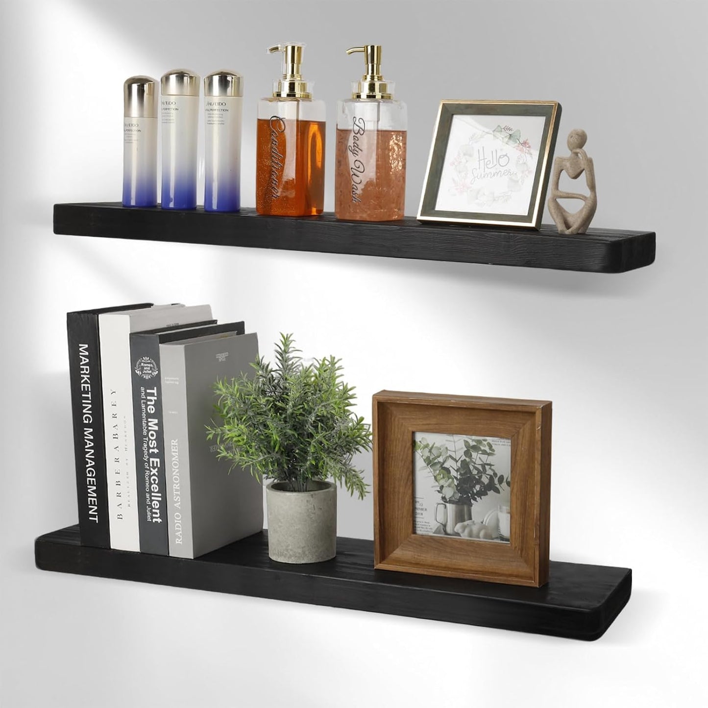 Solid Wood Floating Shelves Set of 2 - Natural, Warp & Crack Resistant 35.43 Inch Wall Shelf with Invisible Brackets Thicker, More Durable for Bathroom, Bedroom, Kitchen, Living Room (Black, 35.43)