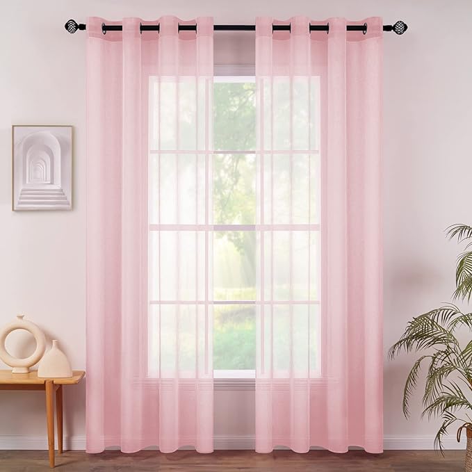 MIULEE 2 Panels Pink Semi Sheer Window Curtains Spring Elegant Grommet Top Window Voile Drapes/Treatment Linen Textured Panels for Bedroom Living Room (54X96 Inches)