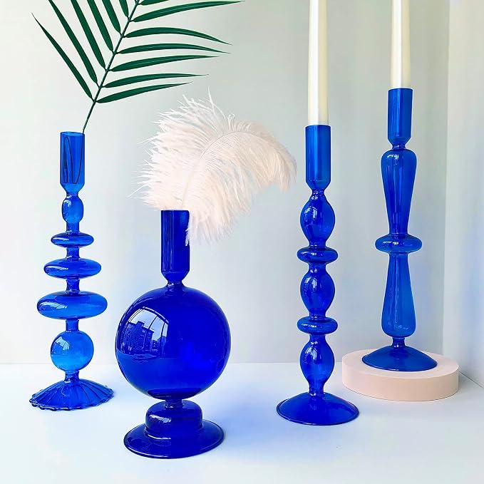 Candle Stick Candle Holder, Glass Candle Holders for Table Centerpiece, Modern Style Klein Blue Candle Holder Mixed 4pcs