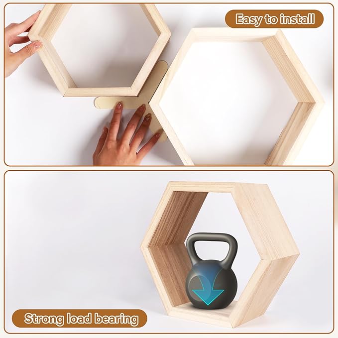 Wooden Hexagon Floating Shelves Set of 5 wall Mounted Honeycomb Shelf octogone shelve Geometric Shaped Organizer for Living Room Bathroom Bedroom Guest Room Decor Accessories nartural