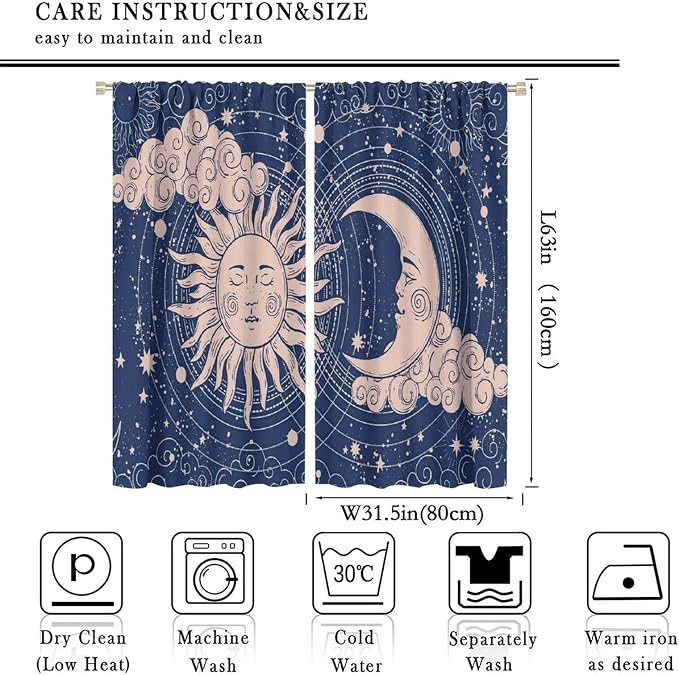 Sun Moon Blackout Windows Curtains, Boho Celestial Bodies Gold Sun Moon and Stars Pattern Window Drapes, for Living Room Bedroom 63x63in 2 Panels