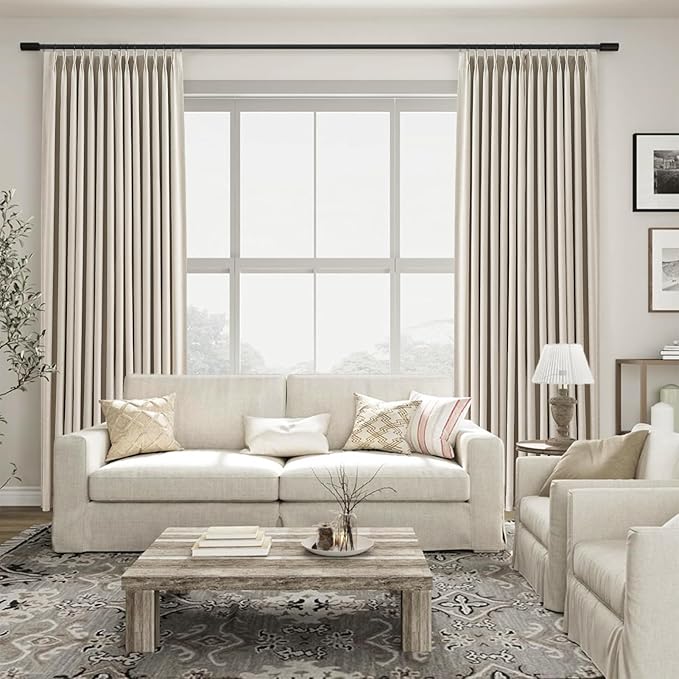 100% Blackout Curtains for Bedroom 84 Inches Long,Textured Beige Pinch Pleated Linen Black Out Advanced Curtains 1 Panels Set,Thermal Insulated Farmhouse Curtains for Living Room Track System