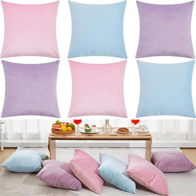 Berlune 6 Pcs Pastel Velvet Throw Pillow Covers 18" x 18" Decorative Cushion Cases Soft Throw Pillows Coquette Party Accessories Couch Sofa Bed Picnic Chair Home Decor, No Inserts