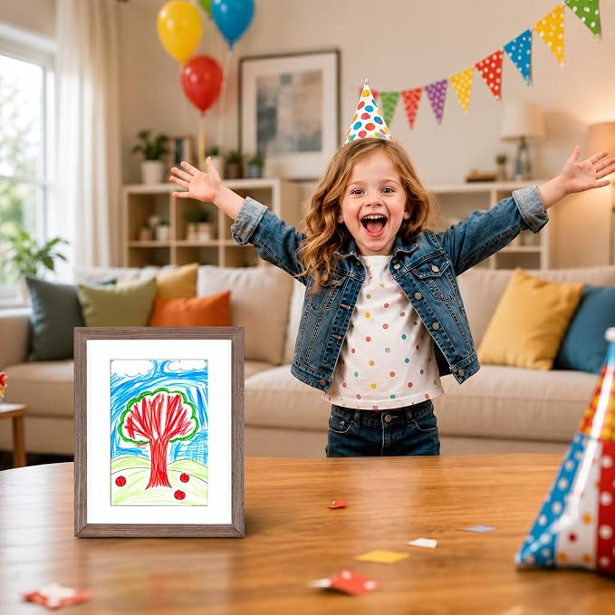 KINLINK 8.5x11 Kids Art Frame 2 Pack, Solid Wood Artwork Frames Changeable, Front Opening Hold 150 Pictures, Art Frames for Kids Artwork, 6x9 with Mat 8.5x11 without Mat, Picture Frames Brown Wood