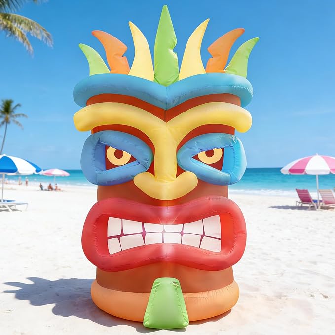 3.9Ft Tiki Inflatable Luau Decoration, Outdoor Hawaiian Blow up Decor with LED Lights, Pool Party Summer Decor Tiki Bar Statue Ornaments for Tropical Party Lawn Luau Aloha Bar Beach