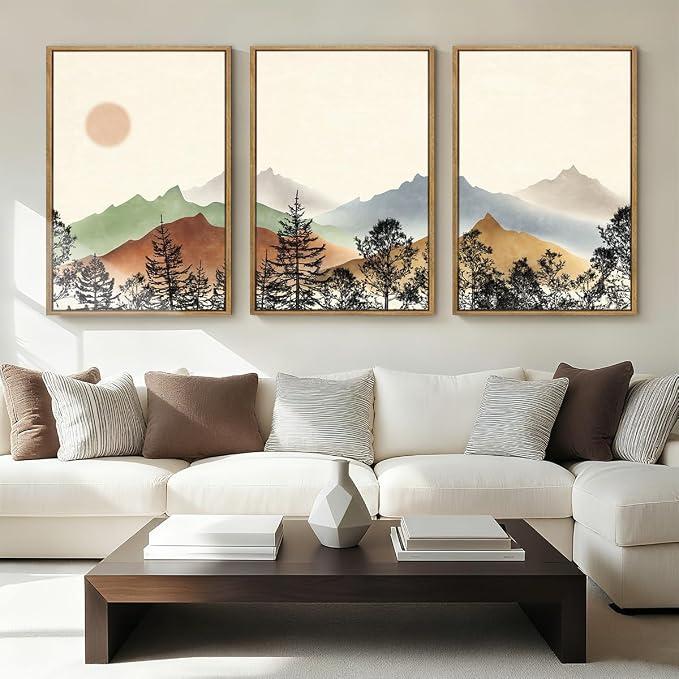 Large Boho Mountain Wall Art Framed Mountains Wall Decor Farmhouse Landscape Art Prints Boho Landscape Artwork Rustic Mountain Wall Pictures Set of 3 for Living Room Bedroom Office Farmhouse 36x24 Inches