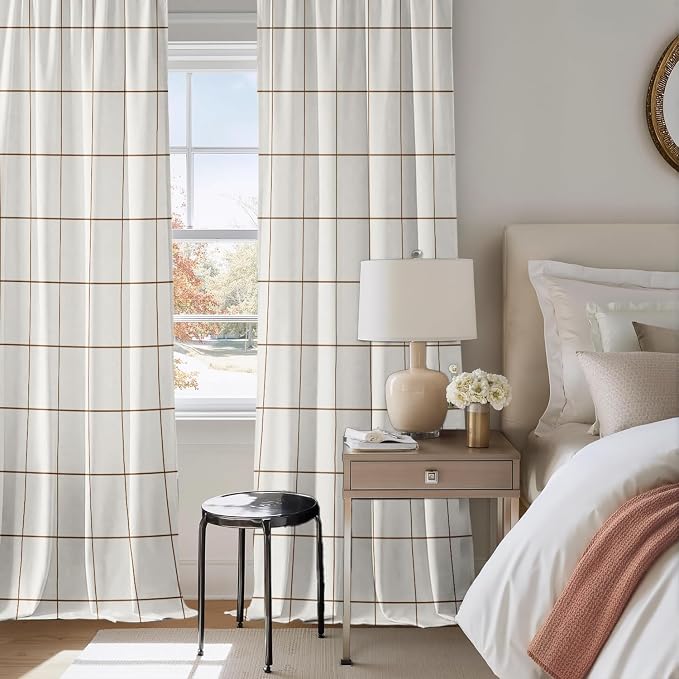 Plaid Curtains 84 inches Long for Bedroom,Farmhouse Gingham Curtains 84 Inches Long for Living Room,Beige Taupe Rustic Gingham Checkered Rod Pocket Light Filtering Stripes Privacy Drapes 2 Panels