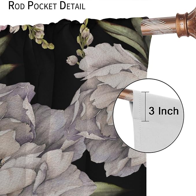 Black Boho Floral Curtain Vintage Watercolor Rose Peony Retro Pink Blossom Flowers Rustic Spring Lea for Home Kitchen Restaurant Decoration Drapes 2 Panels 52x96in