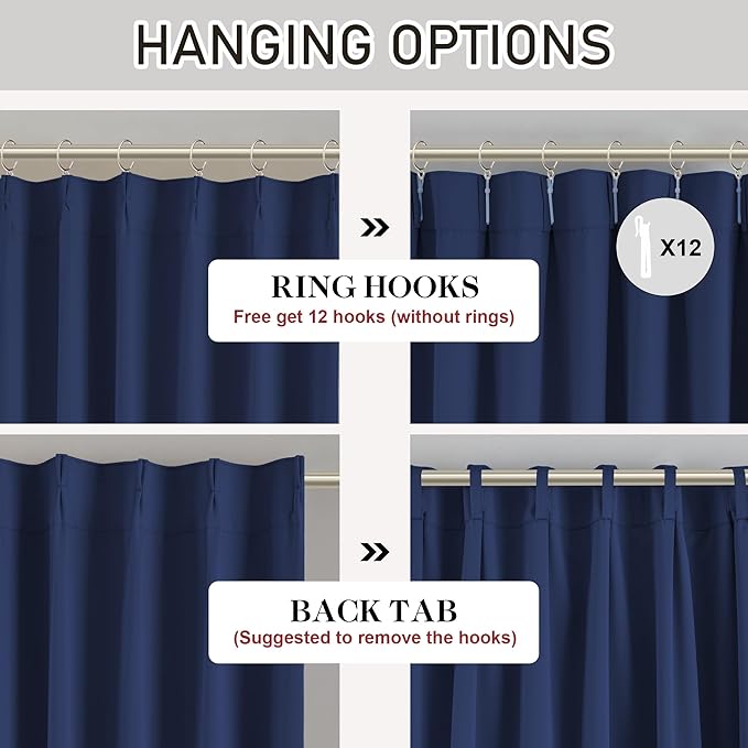 DONREN Navy Pinch Pleated Blackout Curtains with Hooks - 94 inch Length Room Darkening Thermal Insulated Window Curtain Panels for Living Room Bedroom 2 Panel 40" Wx94 L
