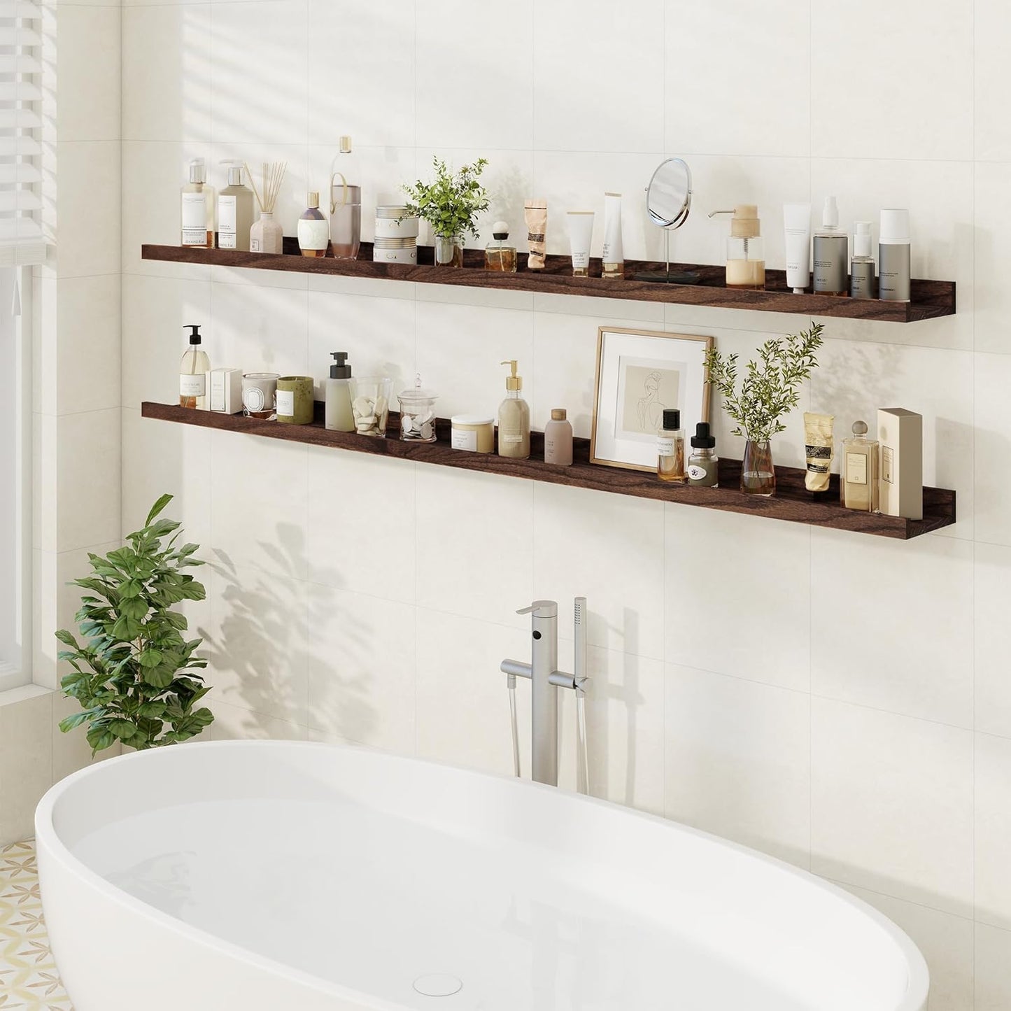 Floating Picture Ledge Shelves 72 Inch Solid Oak Wood Set of 2, Rustic Wall Storage Shelves with Lip, Kids Bookshelf, Photo & Picture Ledge Shelves for Bedroom, Living Room, Kitchen