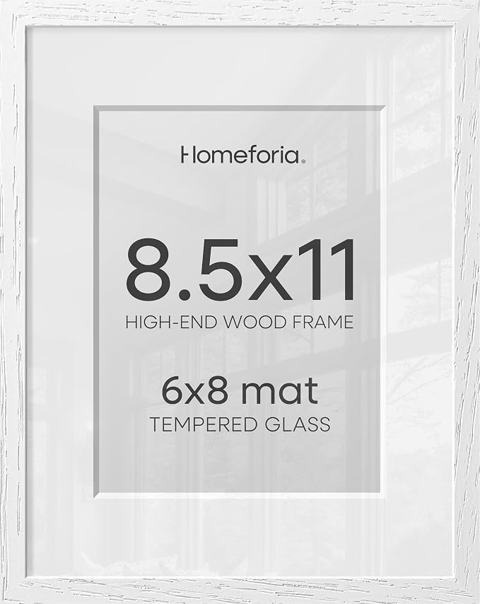 Homeforia 8.5 by 11 Picture Frame White, High End Oak 8.5 x 11 Wood Frames with Mat 6 x 8 inch Photo, 8.5by11 Wooden Frame Matted to 6x8 Art, Wall or Tabletop Frame, Tempered Glass, Wall Kit, Set of 2