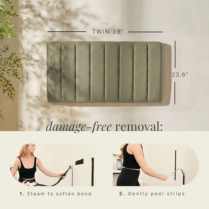 Hearth & Harbor Upholstered Twin Headboard - Easy Assemble Channel Stitched Headboard Twin Size - Wall Mounted Headboards with 3D Soundproof Wall Panels Peel & Stick Floating Headboards, Olive Green