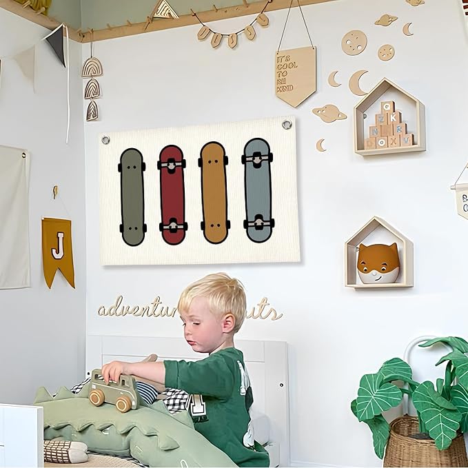 Boys Room Decor, Skateboard Sports Nursery Wall Hanging Canvas Banner Prints, Colorful Skateboard Wall Art Decor for Kids Boys Nursery Toddler Room Bedroom Playroom, 30x20 Inch