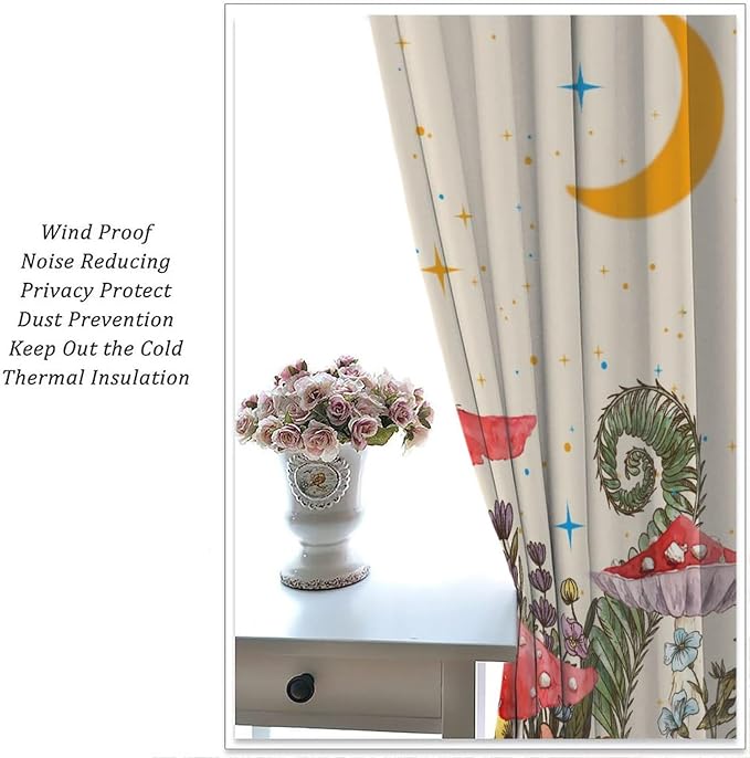 Watercolor Mushroom Curtains, Rustic Vintage Country Red Mushroom Nature Plants Fern Botanical Flowers Moon Stars Blackout Window Curtains for Bedroom Kitchen, 63" W X 63" L