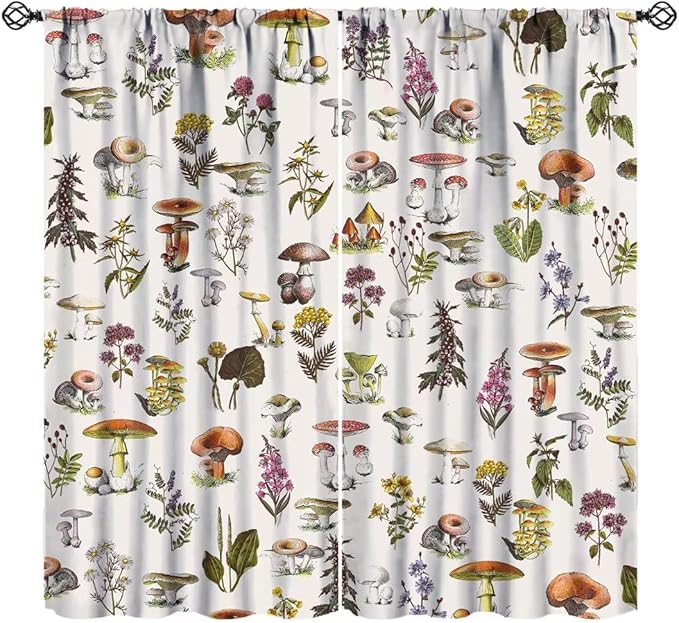 Vintage Botanical Curtains, Rustic Plants Herbs Mushroom Nature Wildflower Print Blackout Window Treatments for Living Room Bedroom Kitchen 84x84in