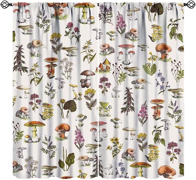 Vintage Botanical Curtains, Rustic Plants Herbs Mushroom Nature Wildflower Print Blackout Window Treatments for Living Room Bedroom Kitchen 63x63in