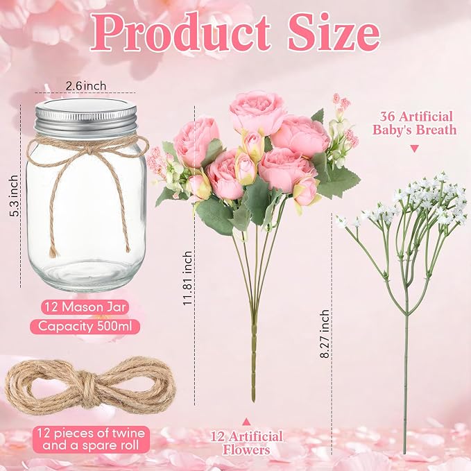 Zeyune 12 Sets Mason Jar Centerpiece Table Decorations, Artificial Peony Baby's Breath Flower Bouquets, Faux Flowers with Vase, Rustic Decor Gifts for Home, Wedding, Holiday (Light Pink)