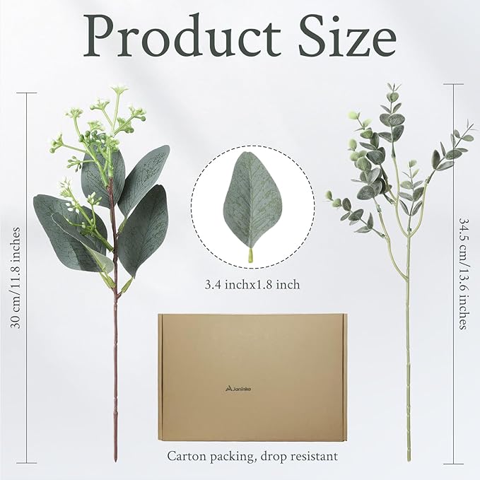 Janinka Mixed Eucalyptus Leaves Stems Bulk with White Seeds Artificial Silver Dollar Leaves Sprays Faux Oval for Wreath Garland Floral Bouquets Arrangement Wedding Greenery Decoration(230)
