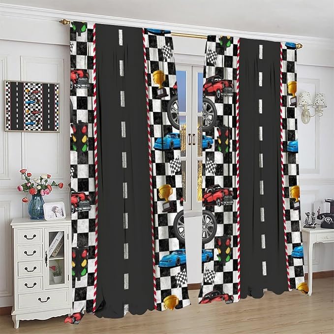 Race Car Curtain,Checkered Flag Black and White Race Cars Window Treatment Curtains Cloth Farbic for Kitchen Bedroom Cafe Dining Room Office Living Room Drapes, 84x84 in