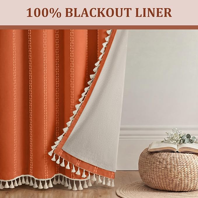 Burnt Orange Boho Blackout Curtains 2 Panels 84 Inch for Living Room Bedroom, Linen Texture Farmhouse Curtains with Tassels and White Cotton Embroidery Vintage Rustic Country Western
