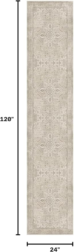 GENIMO 2X10 Washable Vintage Runner Rug for Hallway, Non-Slip Low Pile Chenille Print Rug, Soft Rugs for Indoor Entryway Kitchen Corridor, Linen & Taupe