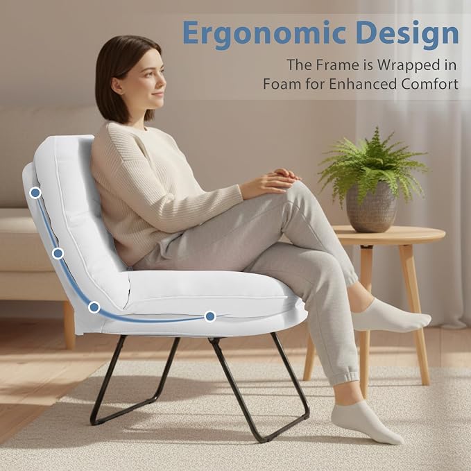 DUMOS Comfy Saucer Chair, PU Leather Foldable Chairs for Bedroom, Dorm & Gaming, Fashion Folding Floor Chair with Back Support for Small Spaces, New White