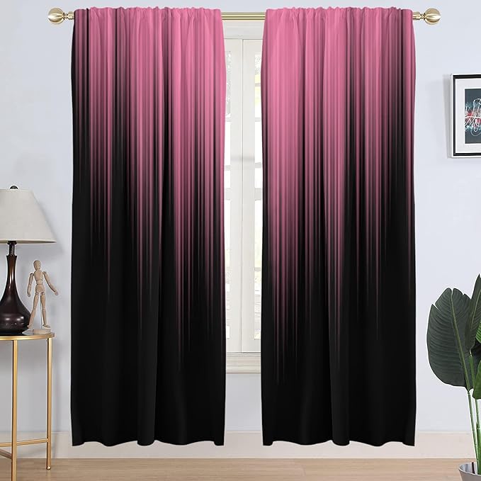 AAtter Pink and Black Window Curtains, 2 Panels, Wide Long 52" W x 84" L | Gothic Modern Rod Pocket Drapes, Cute Preppy Girls Style, Abstract Striped Design, Large Living Dining Room Decor for Women