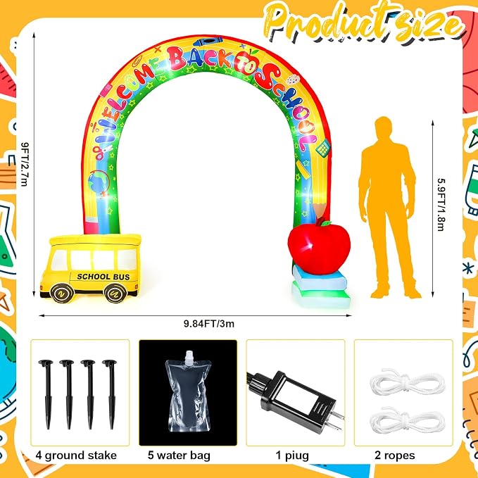 Shappy 9ft Welcome Back to School Inflatables Arch Decoration Outdoor 2026 with LED Lights for Blow up Archway First Day of School Party Lawn Yard Kindergarten Preschool Decor(Rainbow with Bus)