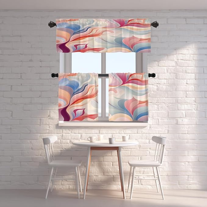 Shrahala Colorful Waves Blackout Short Curtains for Windows, Fluid Abstract Pattern Kitchen Valance Thermal Insulated Rod Pocket Window Treatment for Bathroom 52 X 18 in