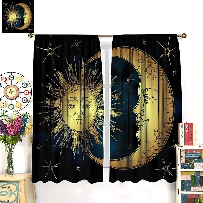 Sun Moon Blackout Windows Curtains, Boho Chic Art Golden Sun Moon and Stars Over Blue Black Sky Antique Style Curtains, for Living Room Bedroom 55x63in 2 Panels