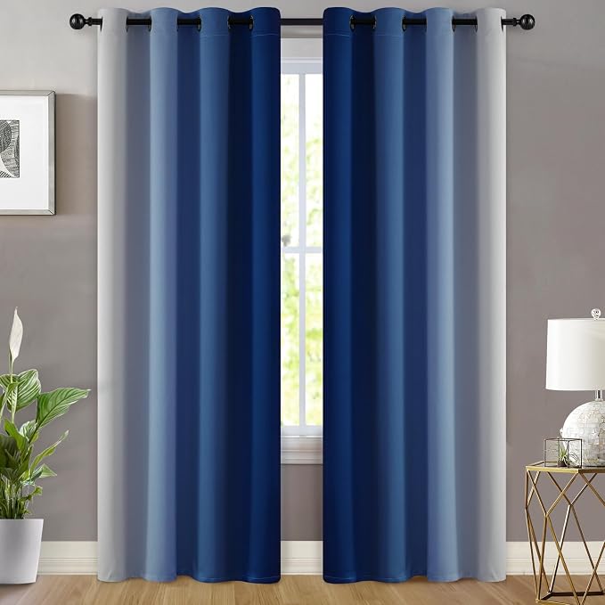 Yakamok Ombre Curtains Royal Blue and Greyish White for Living Room,52Wx84L | Room Darkening Curtains 84,Thermal Insulated Gradient Color Drape,Light Blocking Grommet Window Curtains for Bedroom,2 Panels