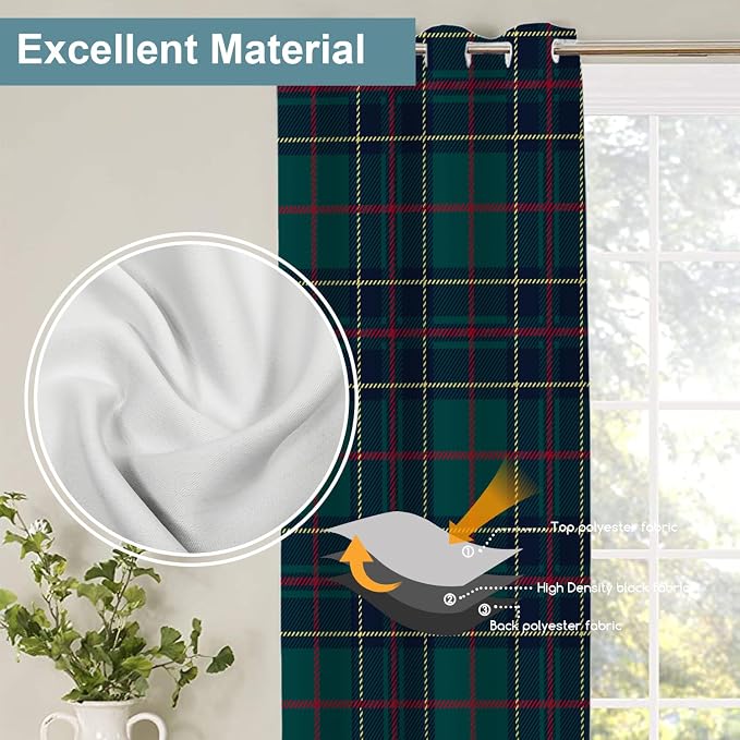 Shrahala Tartan Plaid Blackout Window Curtains, Green Scottish Fabric Kilt Twill Woven Thermal Insulated Curtains Grommet Top Window Drapes for Living Room, Bedroom (2 Panels,52 x 84 in)