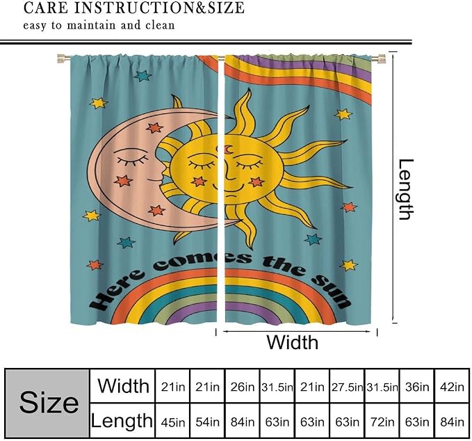 Boho Retro Moon Blackout Curtains, Abstract Vintage 70s Rainbow Mid Century Colour Art Print Window Drapes, for Living Room Bedroom 63x63in 2 Panels