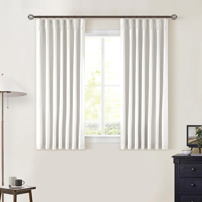 Blackout Linen Curtains 45 Inch Long Pinch Pleat Back Tab Pleated Country Room Darkening UV Blocking Ivory Short Curtains for Small Window Bedroom Nursery Cafe with Hooks Rings Beige Off White