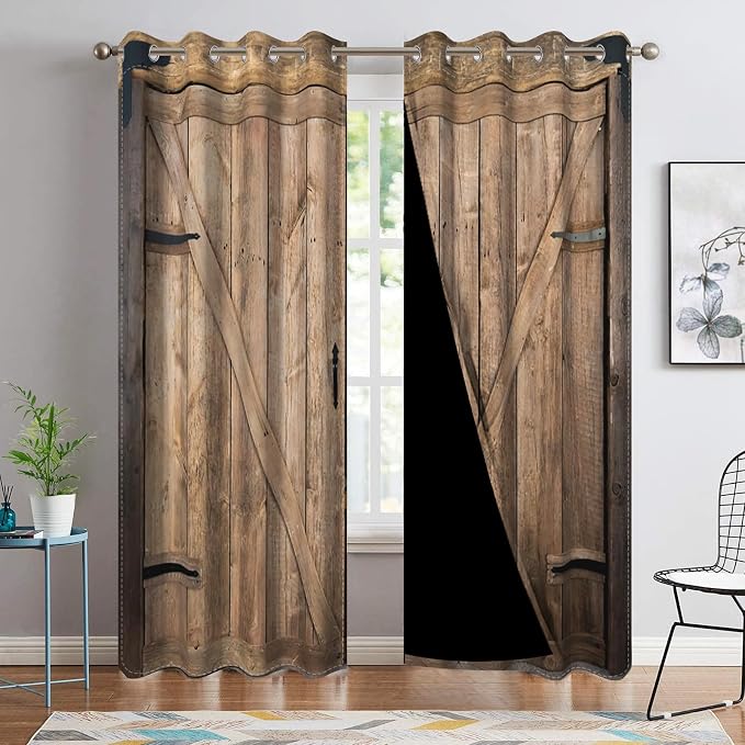 Rustic Curtains Vintage Wood Barn Door Old Garage Door American Native Country Farmhouse Farm Style Rural Art Architecture Living Room Bedroom Window Drapes Treatment,53x84 inch,2 Panels
