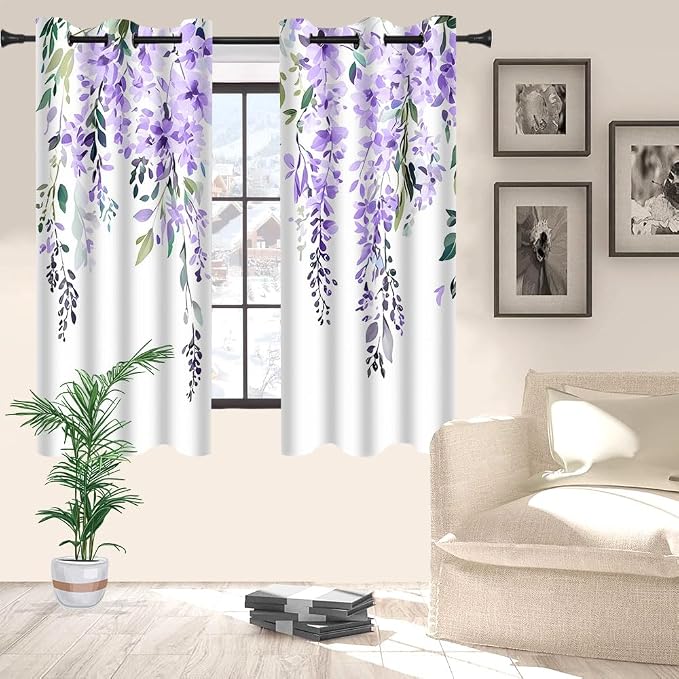 Purple Watercolor Floral Curtains, 42x63 inch, 2 Panels | Botanical Leaves Vine Flowers, Rustic Farmhouse Wisteria, Blackout Window Treatment, For Bedroom Living Room