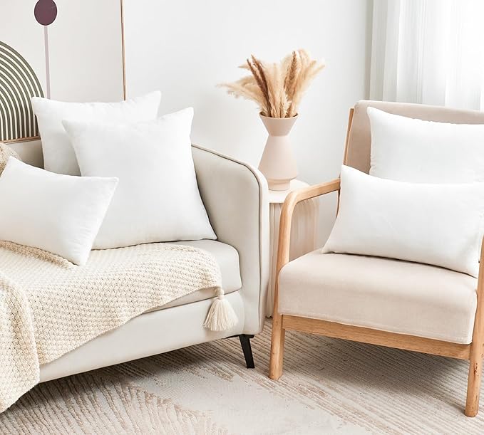 Throw Pillow Covers White Decorative Velvet Set of 2 16x16 Inch Pillow Covers, Soft Pillow Covers for Couch Sofa Bed Living Room, Farmhouse Neutral Home Boho Decor, Square Accent Cushion Cases
