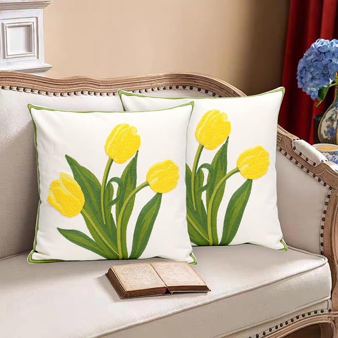 Pack of 2 Embroidered Decorative Throw Pillow Cover 18x18 Inch Farmhouse Floral Pillowcase for Living Room Sofa Bed (Yellow Tulip)