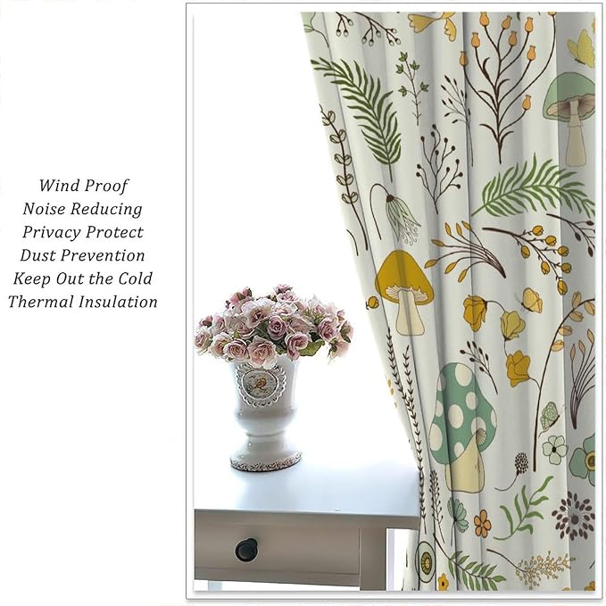Wild Mushroom Curtains, Vintage Botanical Rustic Retro Wildflower Herbs Plants Green Mushroom Blackout Window Treatments for Living Room Kitchen Bedroom 55x63in
