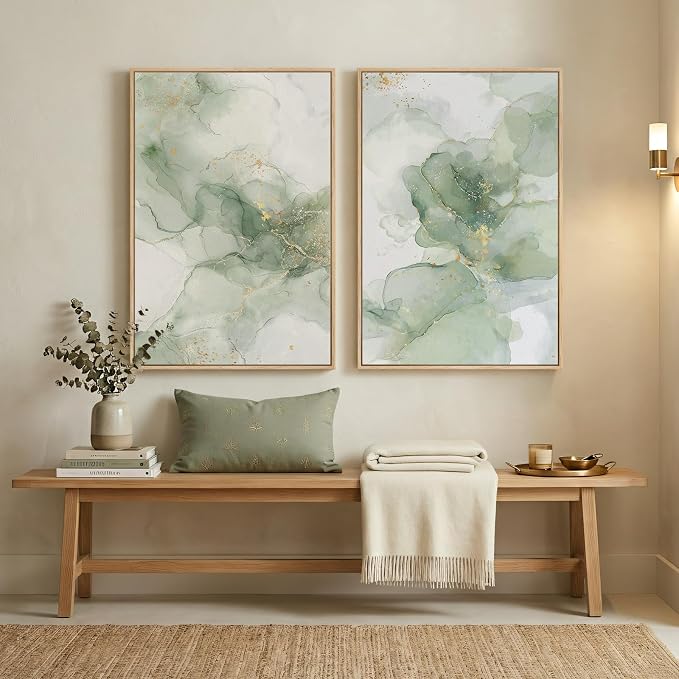 Framed Sage Green Abstract Wall Art for Living Room, Large Set of 2 Green Gold Canvas Artwork for Walls, Minimalist Modern Paintings Print Wall Decor for Bedroom Dining Room Office Hallway, 24x36 Inch