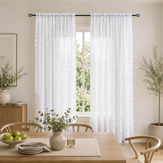 ALIGOGO White Lace Curtains 84 Inch, Vintage Floral Sheer Panels | Light Filtering, Privacy Drapes for Living Room Bedroom, Scalloped Edge, Rod Pocket, 2 Panels, 52 x 84 Inch