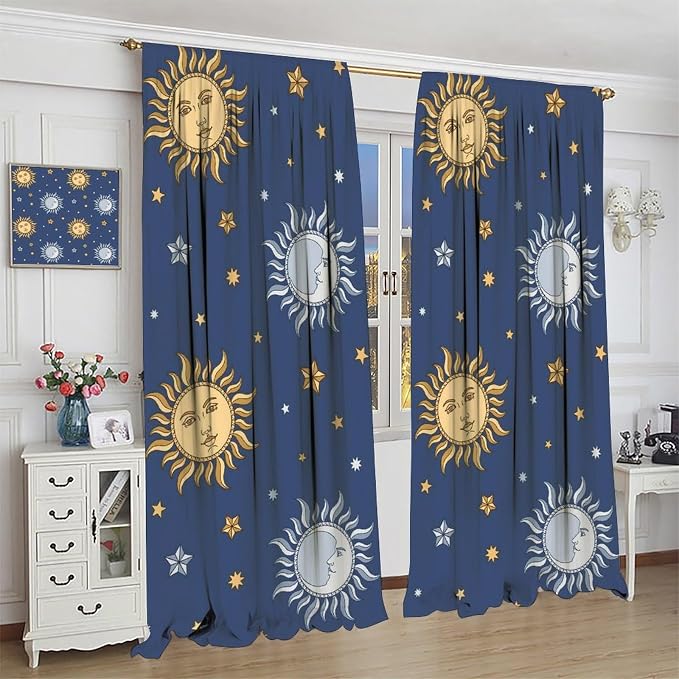 Vintage Sun Moon Bohemian Blackout Window Curtains, Retro Boho Style Print Rod Pocket Window Drapes, for Living Room Bedroom 42x63in 2 Panels