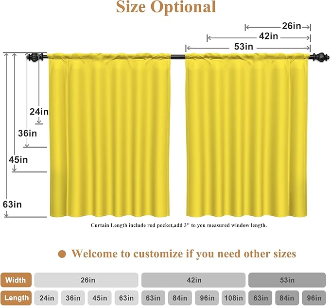 Renaiss 42 x 63 Inch Yellow Nursery Bedroom Window Curtains Girls Baby Room Thermal Insulated Noise Reduction Light Filtering Curtains Linen Texture Rod Pocket Back Tab Spring Window Drape 2 Panels