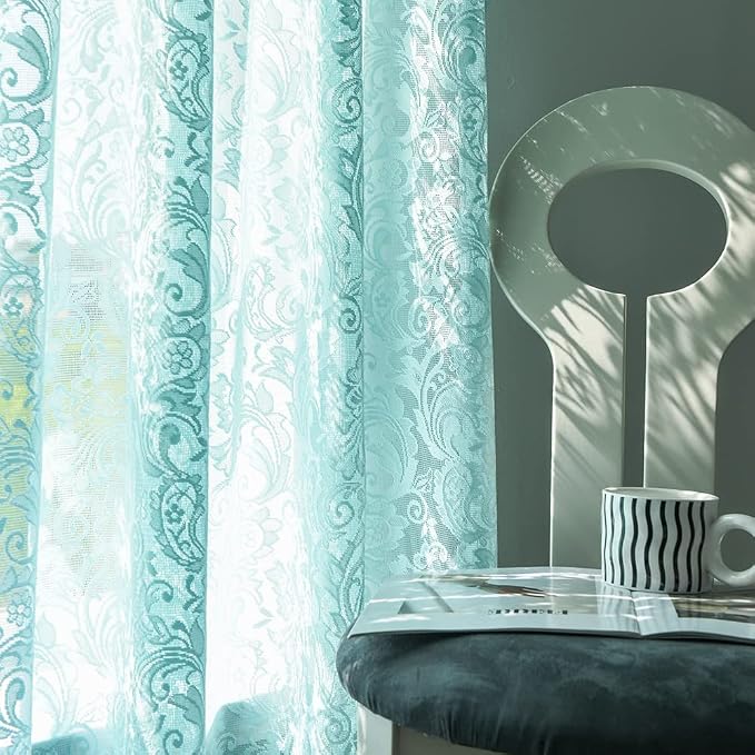 ALIGOGO Mint Green Curtains, 84 Inch Long, 2 Panels - Vintage Ocean Coastal Lace Sheer Floral Curtains for Living Room, Summer Beach Themed, Seafoam Aqua Color, Rod Pocket, 52 x 84 Inch, Aqua/Mint