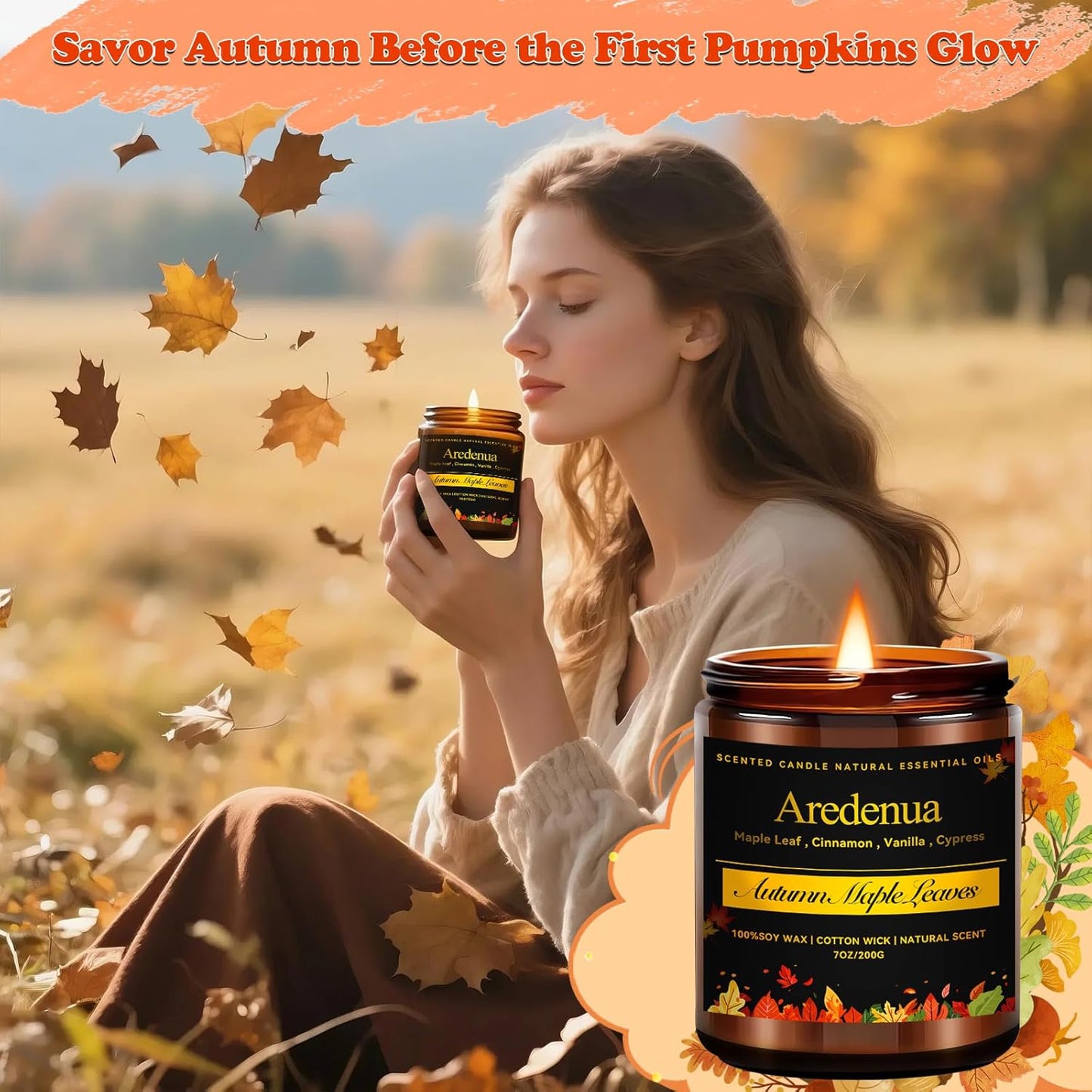 Fall Candle | Vanilla Pumpkin Scented Candle - Scented Candles for Autumn, 7oz Autumn Soy Candles with 50hr Burn Time, Holiday Thanksgiving Fall Gifts for Women Men