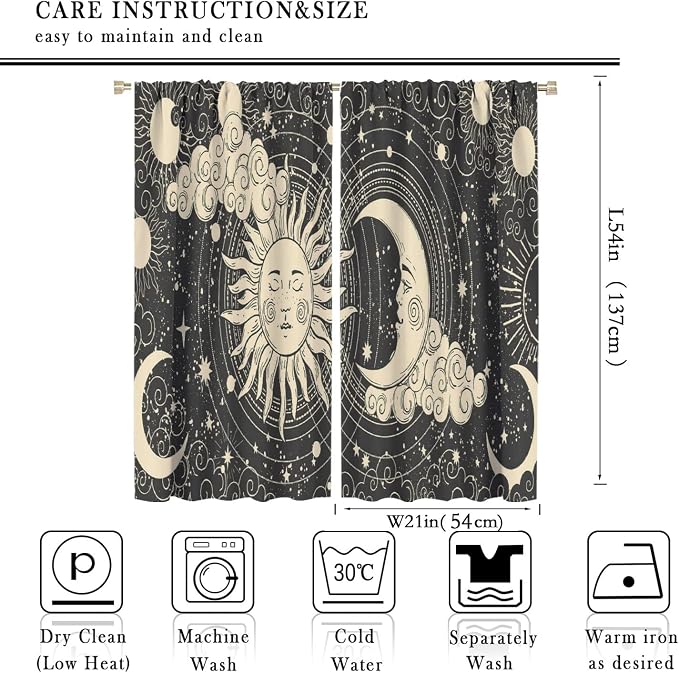 Bohemian Sun Moon Blackout Windows Curtains, Golden Sun Crescent Moon and Stars Vintage Cosmic Galaxy Printed Curtains, for Living Room Bedroom 42x54in 2 Panels